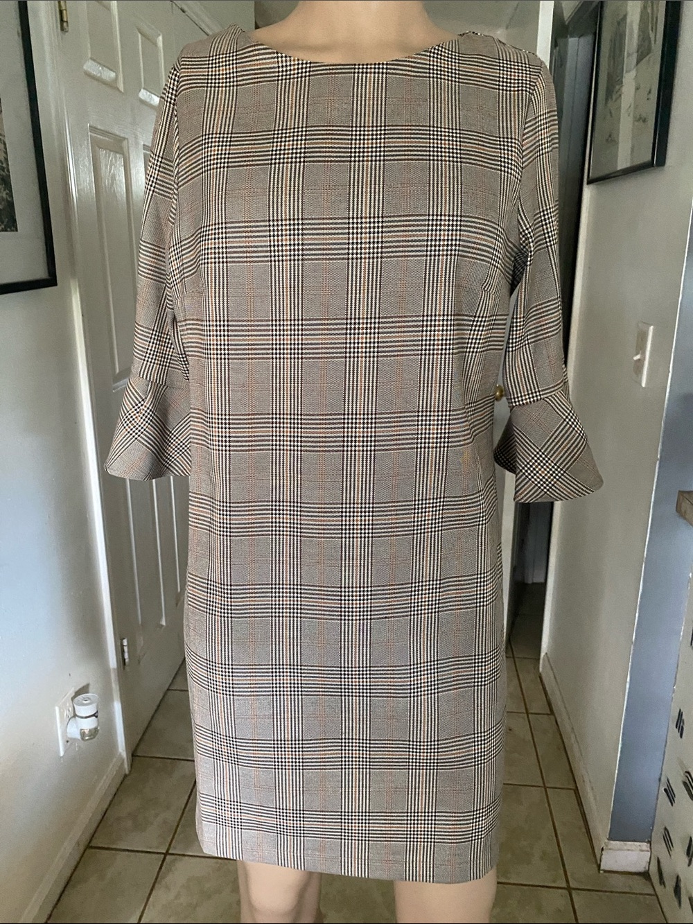 Molly Bracken Beige Plaid Midi Dress with Subtle Black & Brown Checks